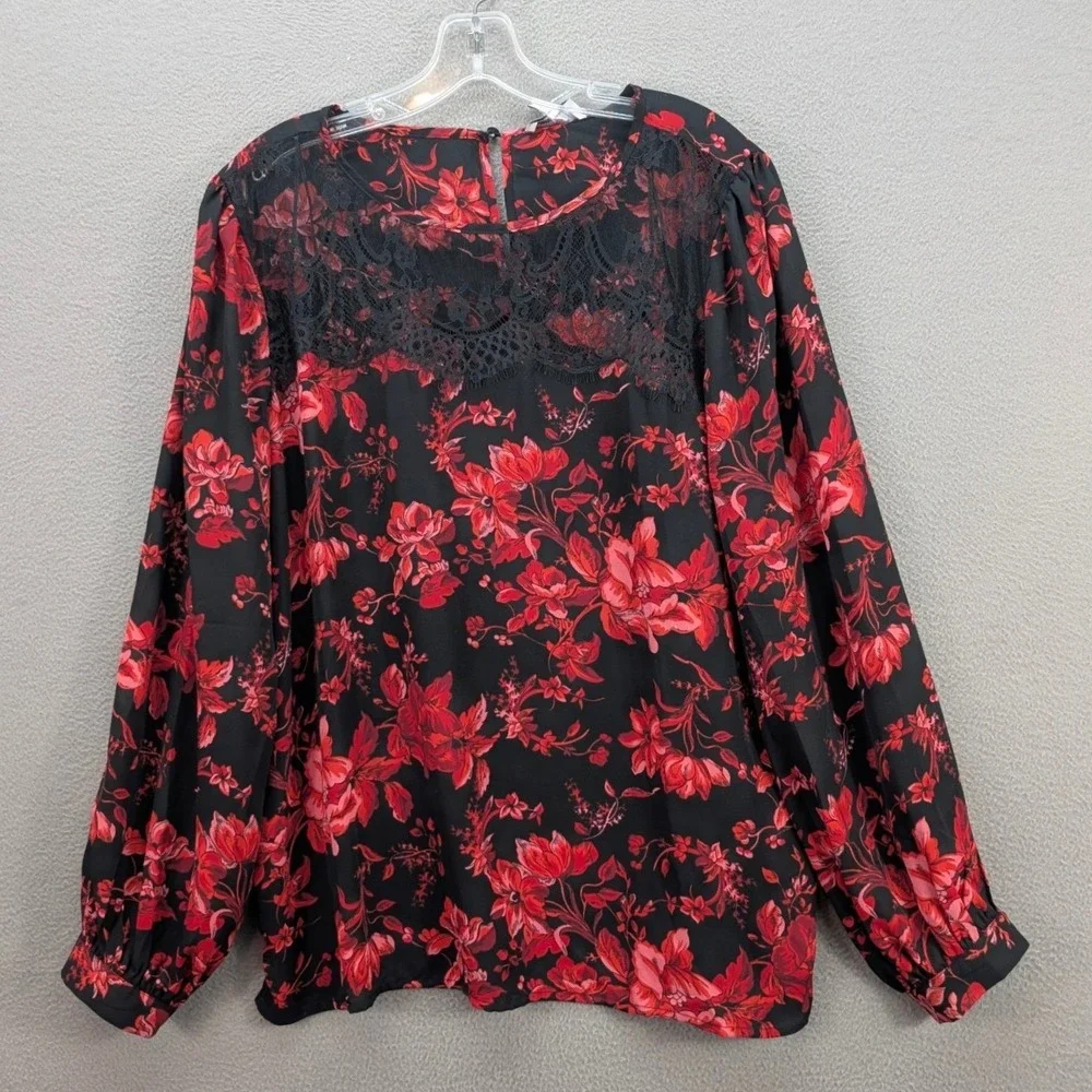 Carmen Marc Valvo Floral Long Sleeve Top Women's XL Black Red Lace Whimsigoth - Picture 2 of 12